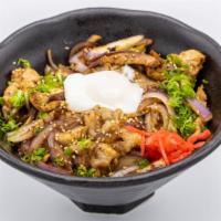  Shogayaki Donburi · Pork Belly Rice Bowl - Sautéed Pork Belly in Ginger Mirin Sauce w/Red Onions, Vegetable Garn...