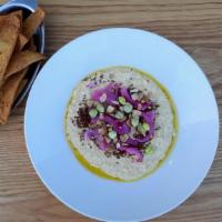 Butternut Squash Hummus · pistachio, pickled onion, red quinoa, lemon oil and pita chips