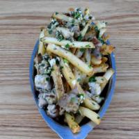 Dirty Fries · garlic fries with pork belly cracklings and drippings
