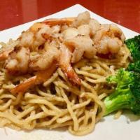 Garlic Noodle · Stir fried wheat noodle in garlic sauce, topped with grilled prawns and sprinkles of grated ...