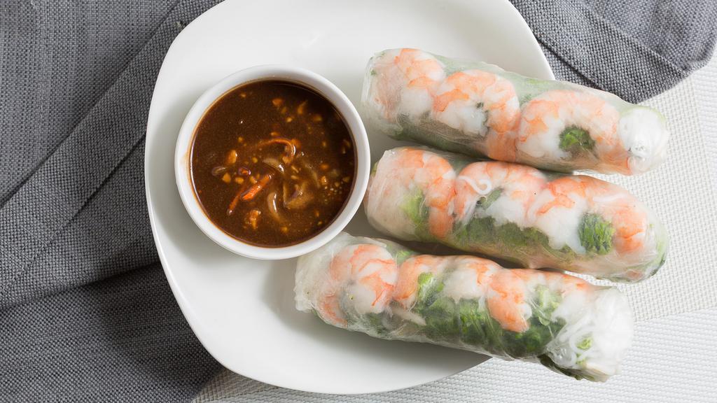 A02. Fresh Spring Rolls (3) / Gỏi Cuốn · Steamed shrimp and pork, bean sprouts, lettuce, vermicelli and mint leaves, wrapped in rice paper served with homemade peanut sauce.
