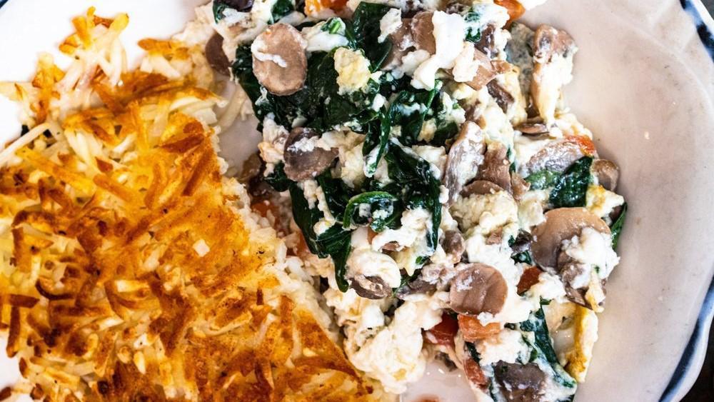 Greek Scramble · Spinach, mushrooms, tomatoes, and feta cheese egg white scramble.