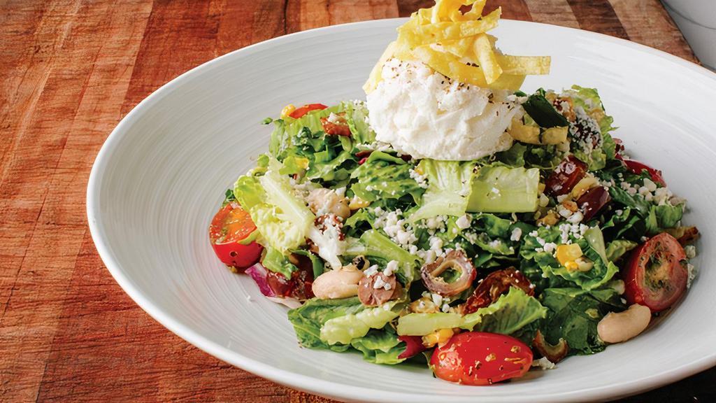 Signature Chop Salad · tomato, gorgonzola, dates, corn, olive, burrata, white balsamic
