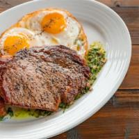 Steak & Eggs - Available Sat Until 3Pm · peppercorn crusted ribeye, olive oil fried eggs, crispy potatoes, salsa verde