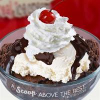 Hot Fudge Brownie Sundae · Vanilla ice cream, brownie, hot fudge, whipped cream and a cherry (feel free to change the v...
