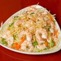 #10 Papaya Salad w/Shrimp · Shredded Green Papaya tossed w/ fresh herbs topped w/sliced shrimp tossed in a sweet vinegar...