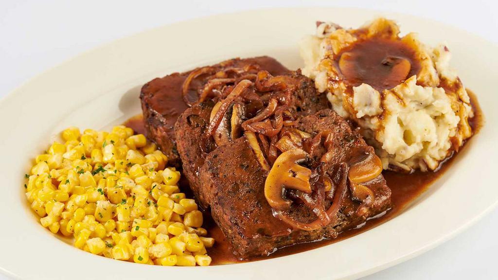 Famous Factory Meatloaf · Served with Mashed Potatoes, Mushroom Gravy, Grilled Onions and Fresh Buttered Corn