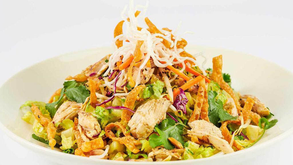 Skinnylicious® Asian Chicken Salad · Grilled Chicken, Romaine, Carrots, Bean Sprouts, Green Onions, Cilantro, Rice Noodles, Wontons, Almonds and Sesame Seeds Served with Our SkinnyLicious® Sesame-Soy Dressing