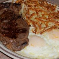 Ribeye Steak · An 8oz ribeye steak with 2 eggs, hash browns or country potatoes and toast