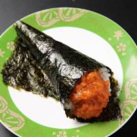Spicy Tuna Temaki · Spicy tuna and cucumber hand roll.