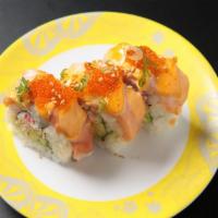 Lion King Roll (9pcs) · Imitation crab avocado roll topped with baked salmon.