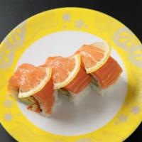 49 Er's Roll(9pcs) · Tobiko avocado roll topped with salmon and lemon.