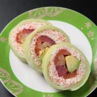 Sunset Roll (6pcs) · Imitation crab mixed fish avocado roll wrapped with cucumber.