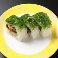 Swamp Roll (9pcs) · Eel avocado roll topped with seaweed salad.