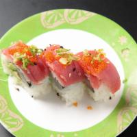 Cherry Blossom Roll (9pcs) · Yellowtail avocado roll topped with tuna tobiko.
