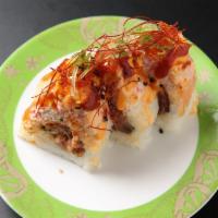 Hot Summer Roll (9pcs) · Spicy tuna roll topped with imitation crab baked salmon.