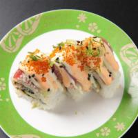 4 Seasons Roll (9pcs) · Eel avocado roll topped with imitation crab tuna tobiko.