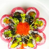 Cherry Blossom Roll · Salmon, avocado, topped with tuna, tobiko & sesame.