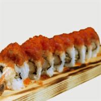 Red Dragon Roll · Tempura shrimp, topped with tuna, spicy tuna & tobiko.