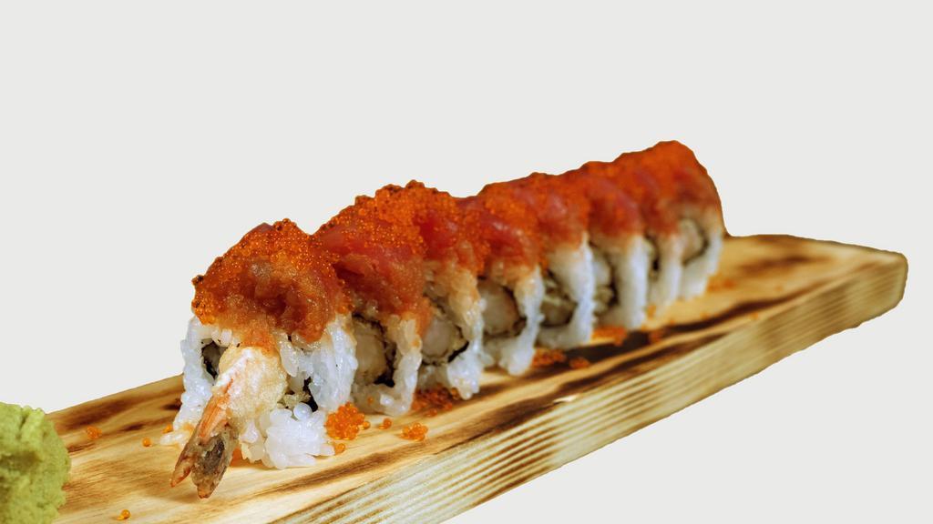 Red Dragon Roll · Tempura shrimp, topped with tuna, spicy tuna & tobiko.