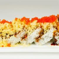 Sunflower Roll · Tempura shrimp, crab meat, unagi, avocado, cucumber topped with tempura flakes, tobiko and s...