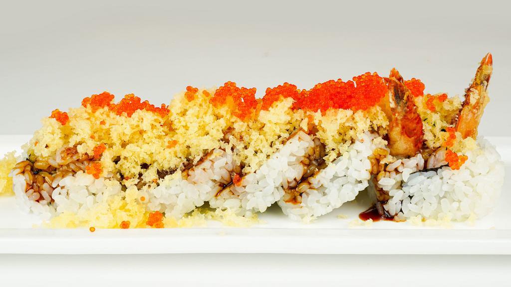 Sunflower Roll · Tempura shrimp, crab meat, unagi, avocado, cucumber topped with tempura flakes, tobiko and sauce.