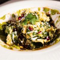 Palak Chaat · Flash fried spinach, mint and tamarind chutneys, yogurt
