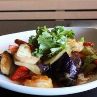 Eggplant & Shrimp · Eggplant, shrimp, yellow onions, bell peppers