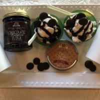 Sundae Fun (Chocolate) · Two pints vanilla bean ice cream, Belgian chocolate sauce jar, tin of dark chocolate disks-t...