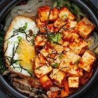 Tofu Bibimbap · Spicy. Crispy Rice, Spinach, Bean Sprouts, Carrots, Mushroom, Zucchini, Daikon, Dried Seawee...