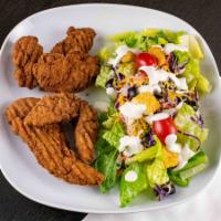Chicken Strips · Fried strips of seasoned breaded chicken breast served with ranch dressing.