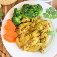 Thai BBQ Chicken · Barbecue Thai marinated Chicken  with herbs served with steamed broccoli and carrots and a s...