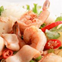 Seafood Salad · Shrimp, calamari, imitation crabmeat, scallops, sliced fishcakes, white mushrooms, tomatoes,...