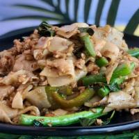 Pad Kee Mao (Spicy) · Stir fried flat rice noodles with green beans, bell peppers, Thai chilies and basil. 
Served...