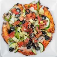 Super Veg Pizza · Full red sauce, zucchini, spinach, mushrooms, olives, bell peppers, garlic, green onion, art...