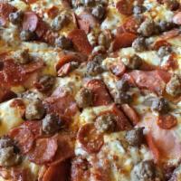 Almost Famous All Meat Pizza · Salami, pepperoni, Canadian bacon, linguicia, sausage, ground beef.