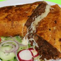 QuesaBirria Burrito · Quesabirria Burrito is exquisit, with its red-tinged flour tortilla, Rice, beans, cheese, gu...