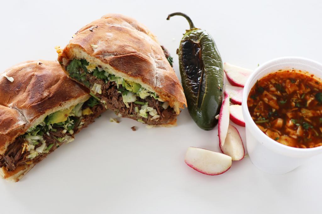 QuesaBirria Torta · Freshly baked telera torta roll. An award winning quesabirria (Beef) torta. Extra juicy and extra cheesy. Comes with one consome.