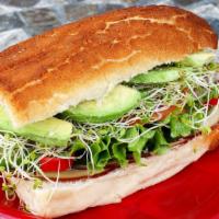 13. Veggie Sandwich with provolone cheese  · , avo, sprouts, bell peppers, cucumber, lettuce, tomato, mayo, and mustard