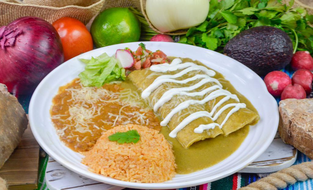 Enchilada Plate · Two enchiladas (meat and cheese) with side of rice and beans.