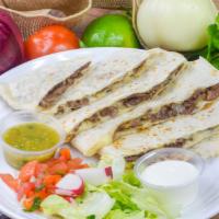 Quesadilla · Cheese and meat. Adult tortilla
