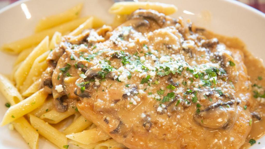 Penne Chicken Marsala · Chicken sautéed in marsala wine, butter, and mushroom, served with penne pasta.