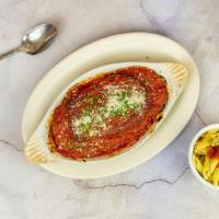 Eggplant Parmigiana · Vegan without the Mozz. Cheese and the parmesan cheese on top. Breaded fried eggplant in our...