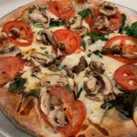 Garlic Lover · Veggie. Creamy garlic sauce, mozzarella cheese, spinach, mushrooms, tomatoes, feta cheese, g...
