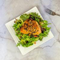 Salmon Salad · Healthy. Grilled salmon, spring mix lettuce, onions, kalamata olives, capers, lemon vinaigre...