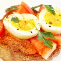 Muhammara Toast (nut allergy) · tomato, walnut, za'atar, parsley, pecorino, egg