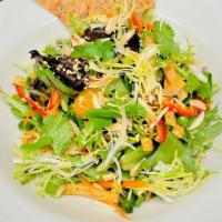 Ginger  Sesame Chicken Salad  · organic baby greens. julienne vegetables, crisp wontons, mandarin oranges, toasted almonds, ...