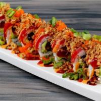 H9. Spicy Crunchy Roll (Real crab meat inside) · Real crab meat, topped with cucumber, avocado, tuna masago, fried shallots, green onion, sri...