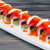 H10. Pink Lady Roll · Tuna roll wrapped in snow crab, tuna, spicy mayo sauce, avocado, cucumber topped with masago.