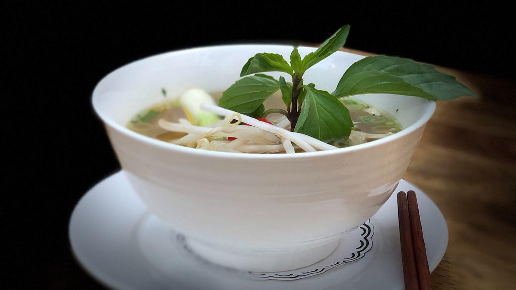 Chicken Soup · Chicken broth - Rice noodles - Mary's Chicken - Cilantro - Scallion - Bean Sprouts - Basil - Chili - Lime